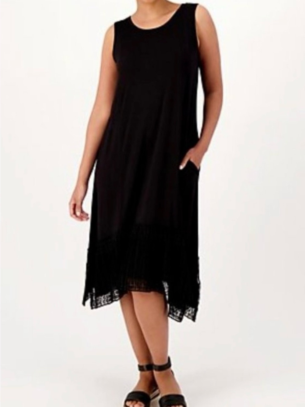LOGO Lori Goldstein Black Sleeveless Midi Dress Lace Hem XL Pockets Asymmetrical
